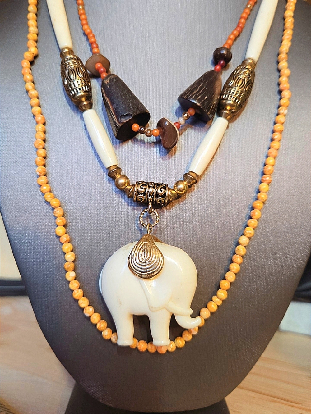 Boho White Elephant Pendant Multi-Strand Necklaces